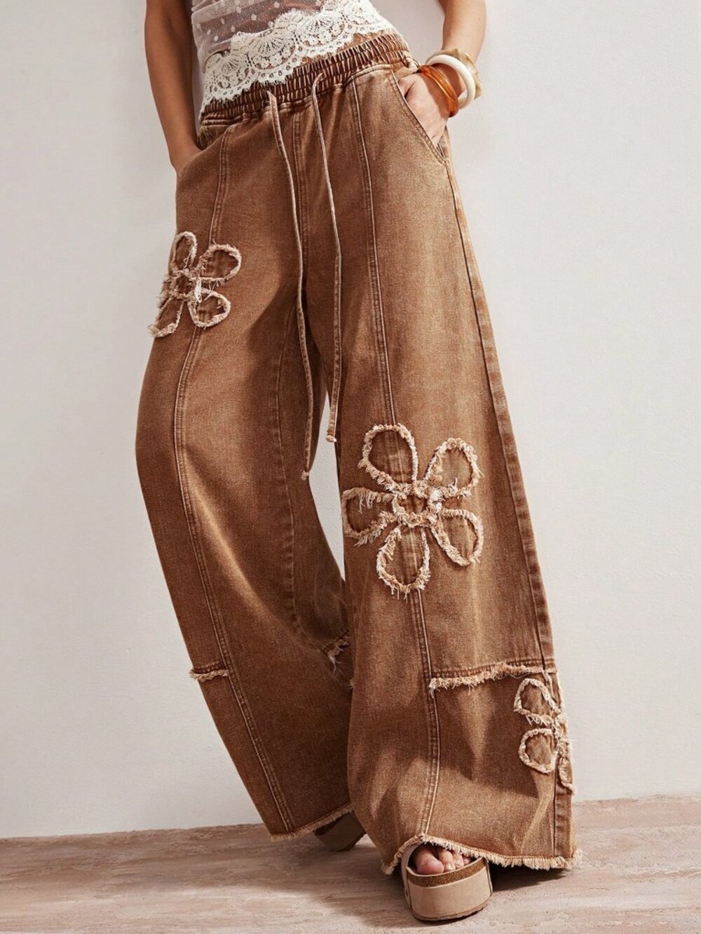 Brown Casual Women's Wide Leg Pants With Plant Patches And Pockets